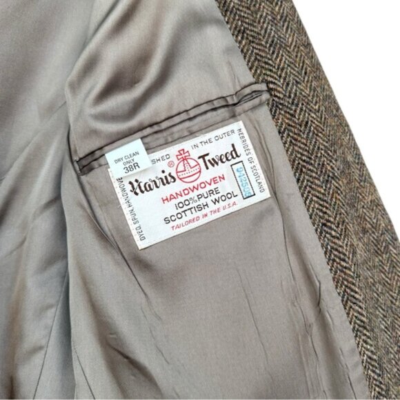 SOLD Vtg Harris Tweed Herringbone Blazer Size 38 R Brown Single Breast 70s 80s - Picture 7 of 9